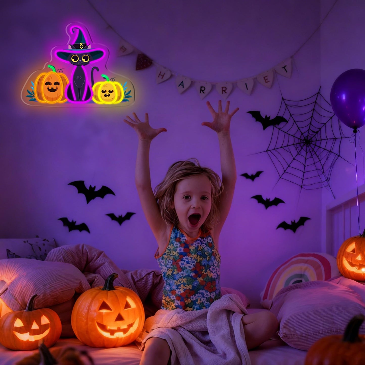 Happy Halloween Neon Sign, Cool Dimmable Light Up Halloween Pumpkin Neon Light Up Sign Gift USB Powered for Kids Bedroom, Living Room, Bar, Party, Shops, Party Yard Wall Decor Home Decoration (Pumpkin & Cat)