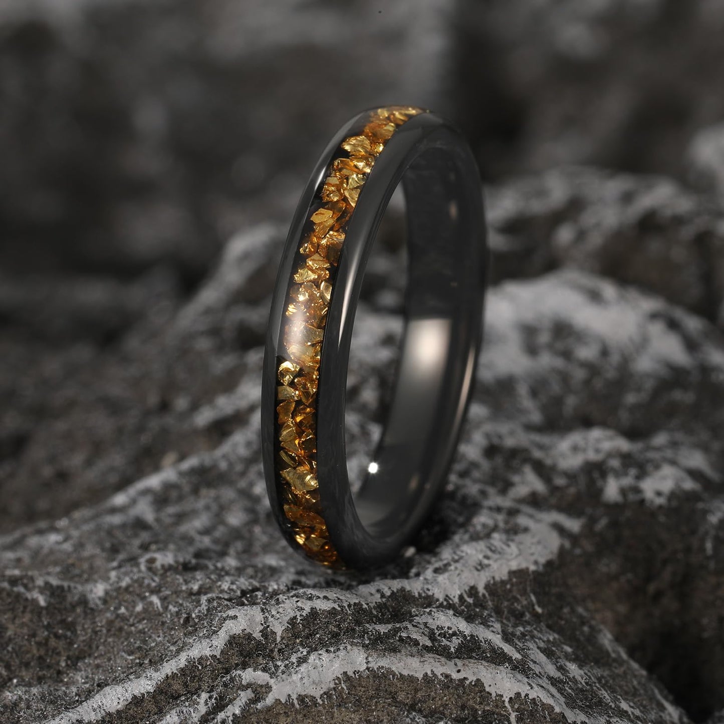 NUNCAD Women's Tungsten Rings 4mm Black Wedding Band Inlaid with Citrine Center Polished Domed Comfort Fit Size 6