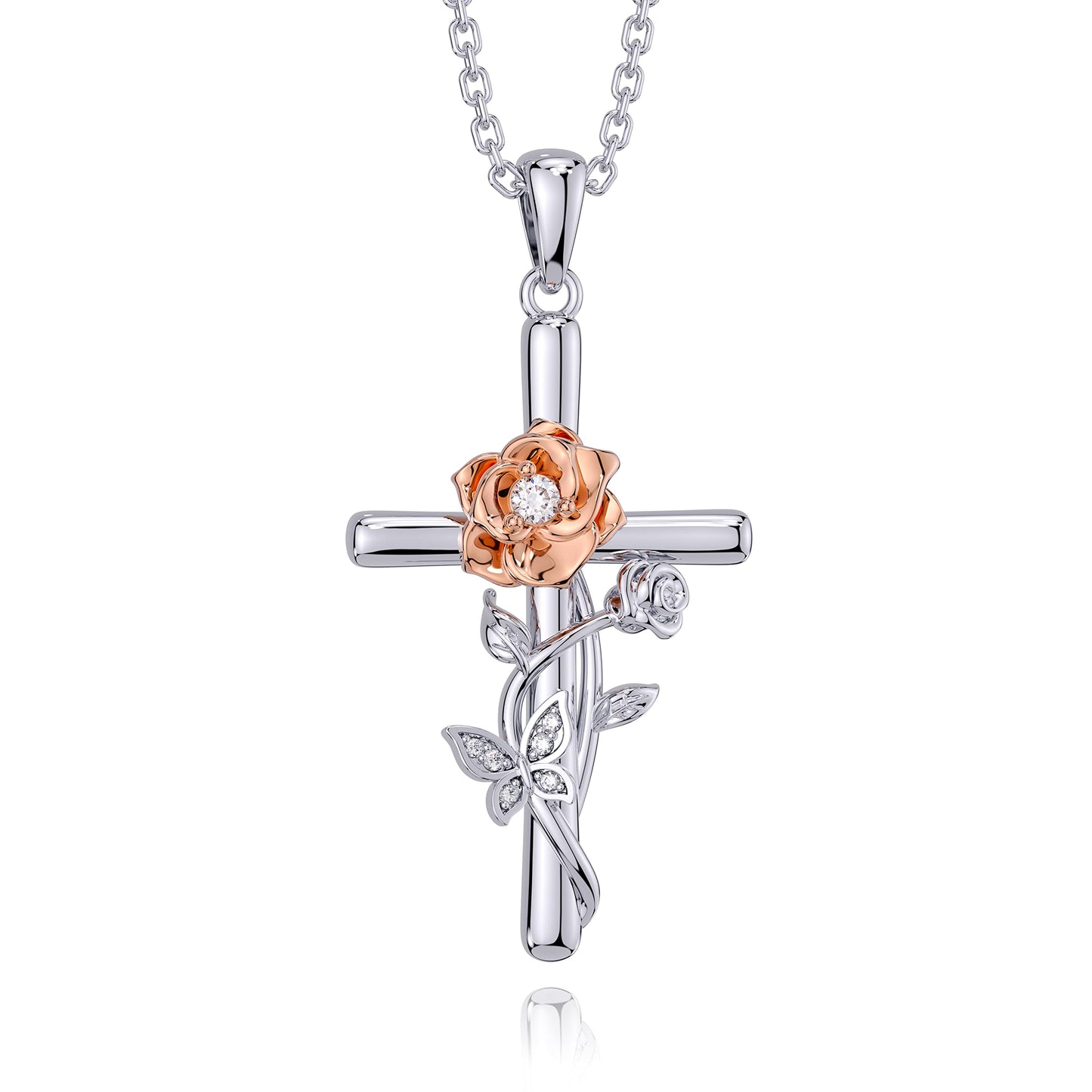 Distance Cross Necklace for Women 925 Sterling Silver Jewelry Pendant Necklace for Mom Wife Gift for Mother's Day or Birthday (Two-tone Rose Cross Necklace)