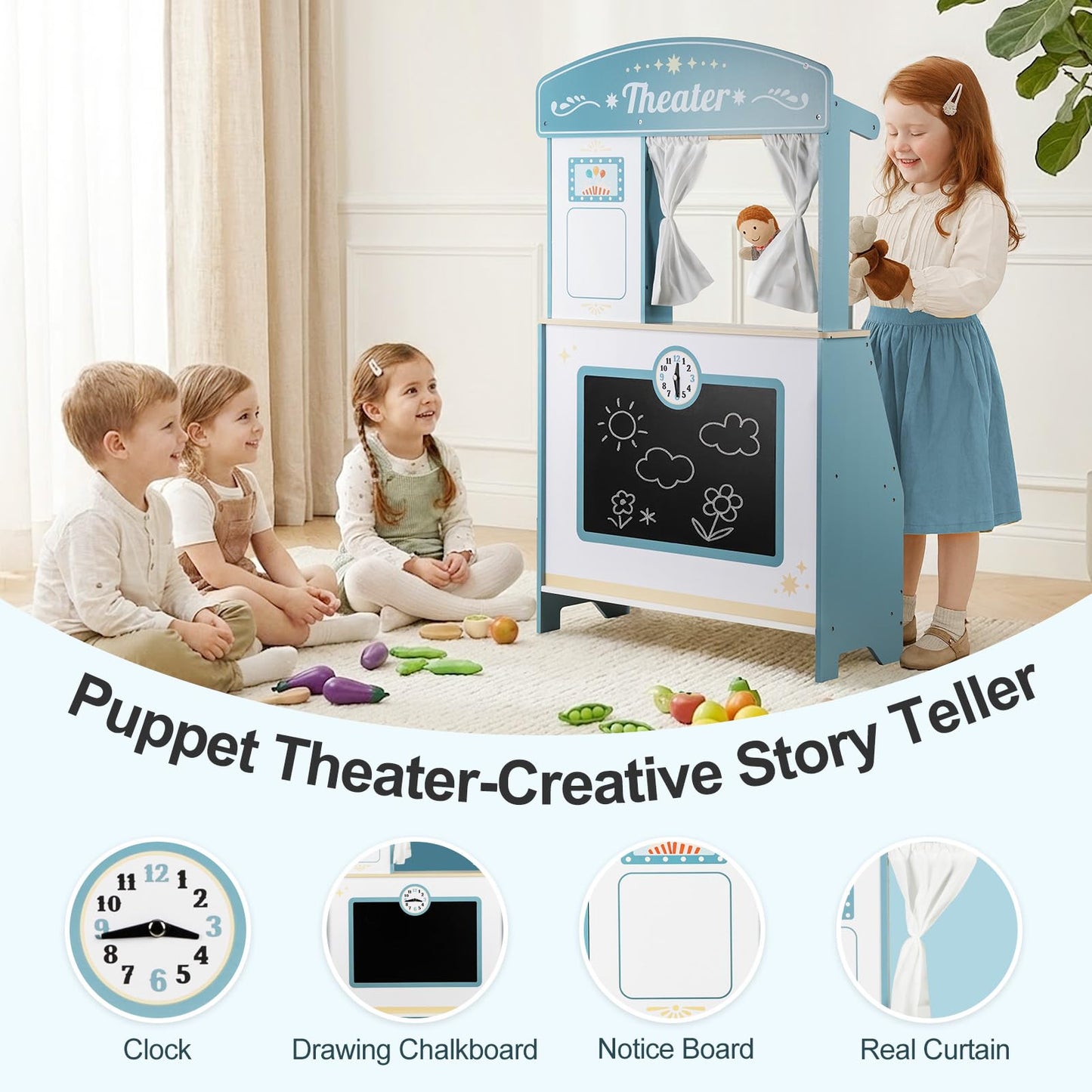 DREAM BUILDING Kids Grocery Store Pretend Play, Puppet Theater&Grocery Store Playset Toy Double-Sided, Toddler Supermarket Toy Cash Register w/Blackboard, Display Shelves, Gift for Boys Girls, Blue