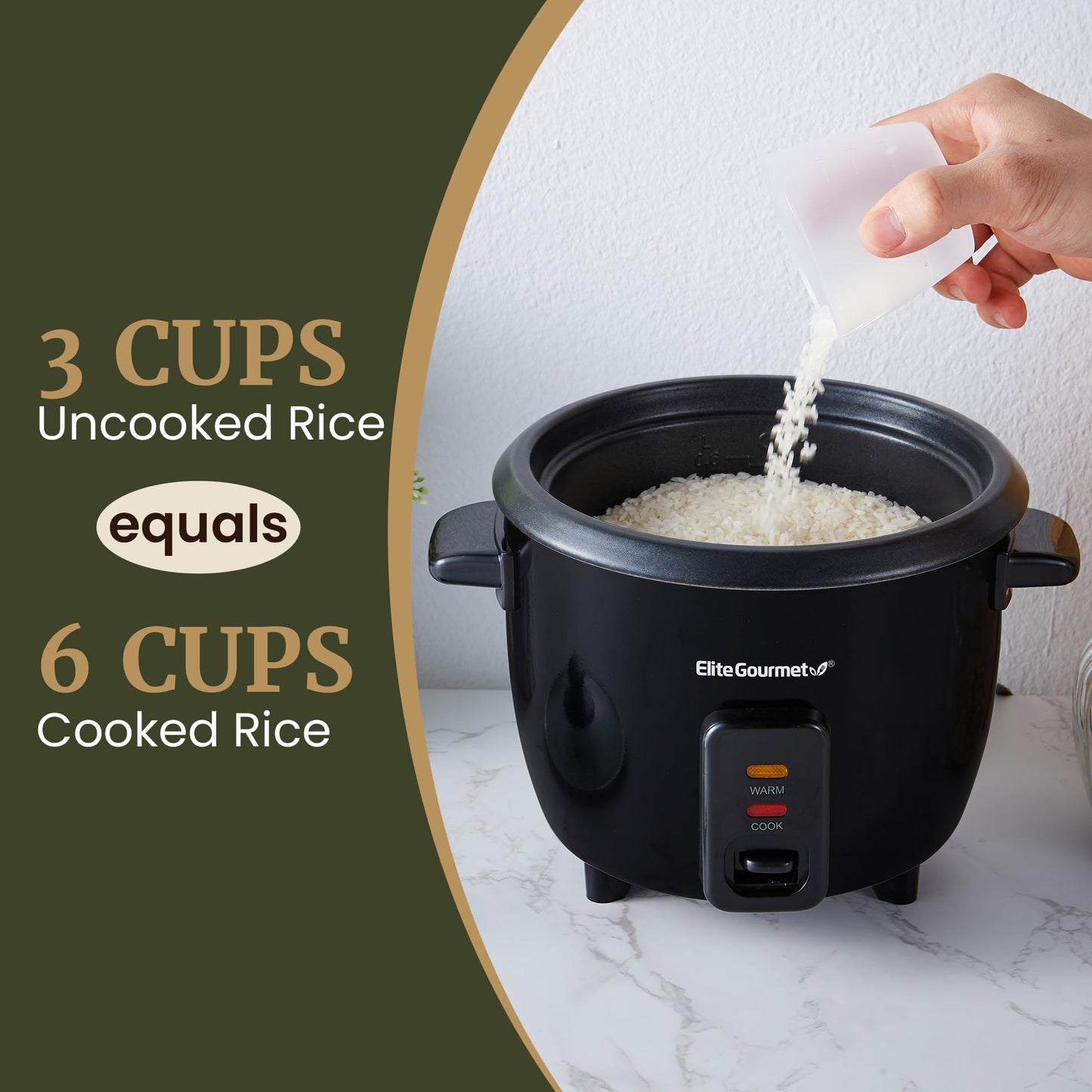 Elite Gourmet Electric Rice Cooker with Steam Tray and Non-Stick Inner Pot Makes Soups, Stews, Grains, Cereals, Keep Warm Feature, 6 Cups Cooked (3 Cups Uncooked), Black