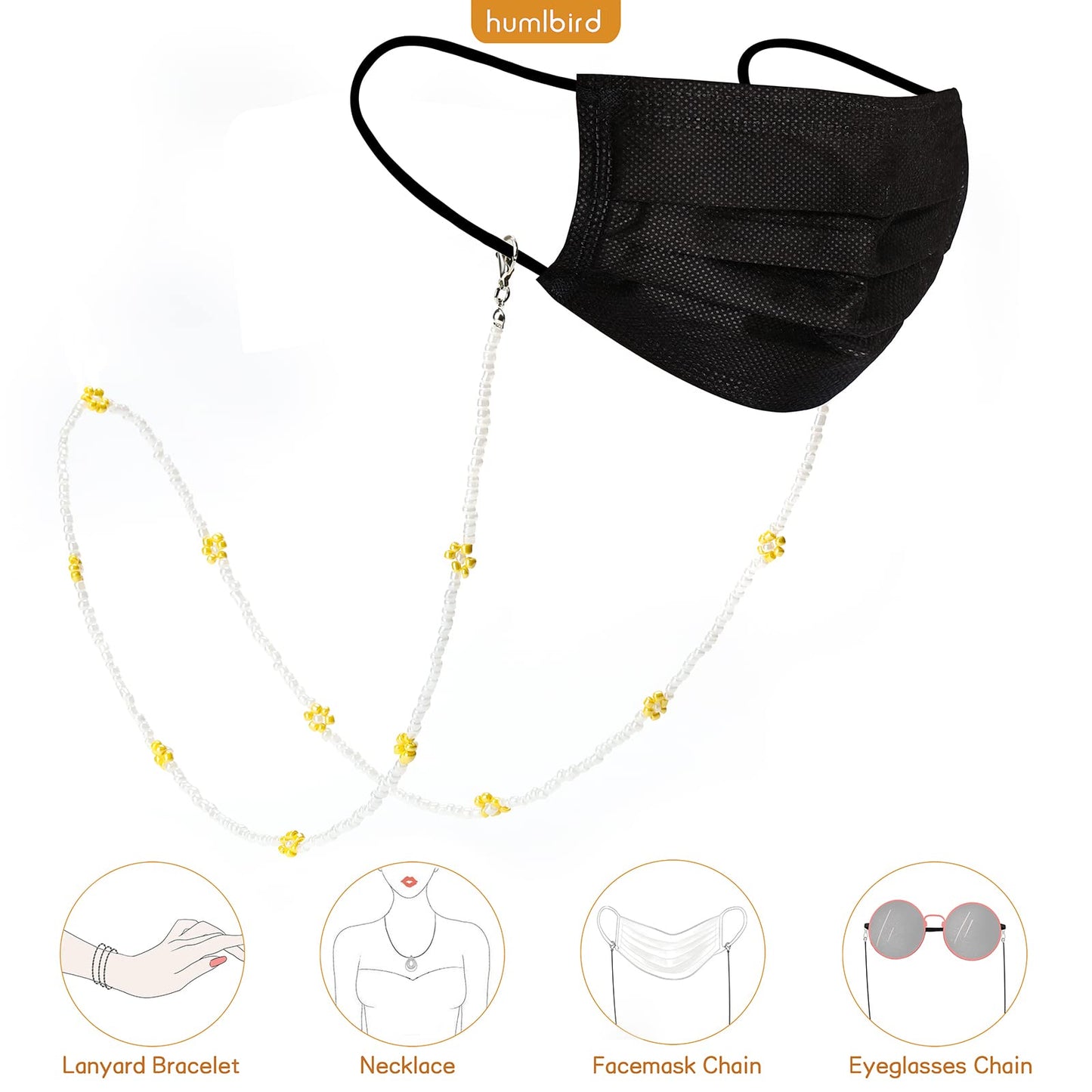 humlbird Mask Chain Daisy Glasses Chain Flower Mask Lanyard Face Mask Holder Around Neck Eyeglass Chain for Women Stylish, White