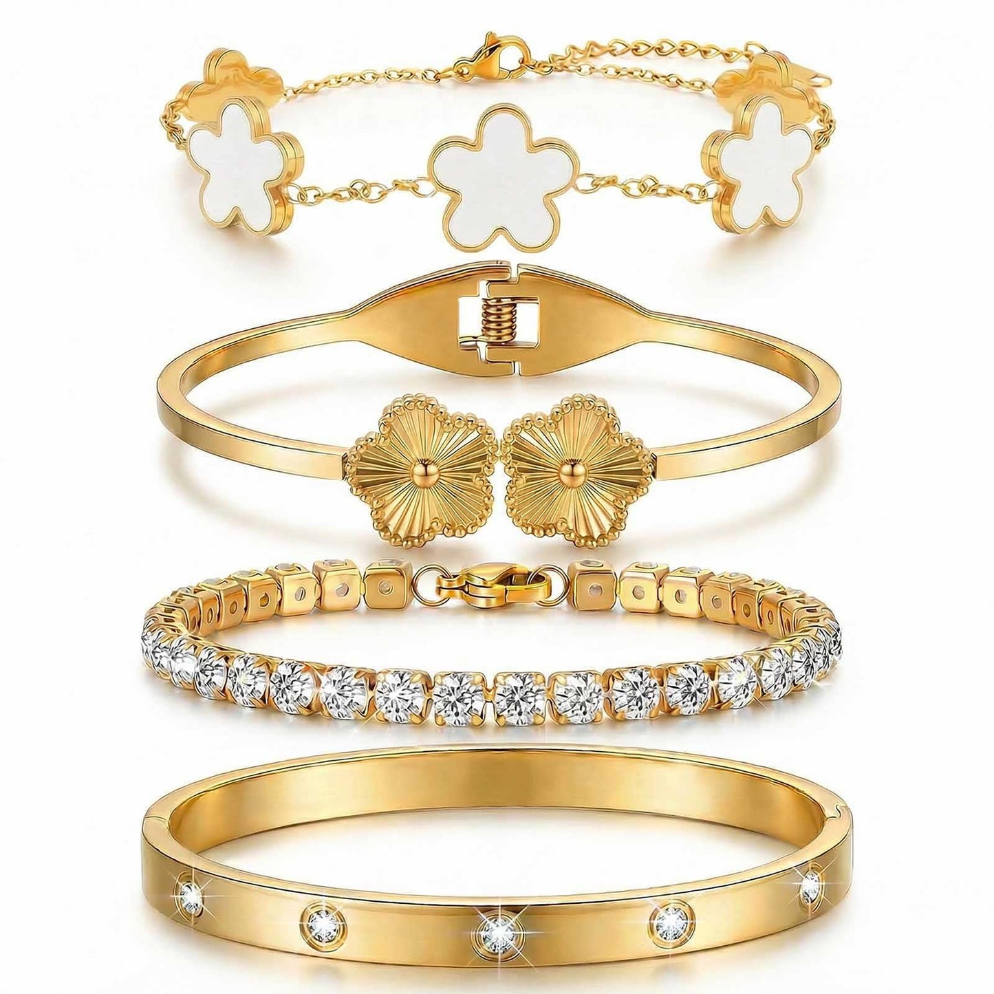 ISELBDR 18K Gold Plated Four Leaf Clover Cuff Bracelets for Women- Stainless Steel Cubic Zirconia Tennis Bracelets Love Bangle Set, Non-Tarnish Trendy Jewelry Gift (White)