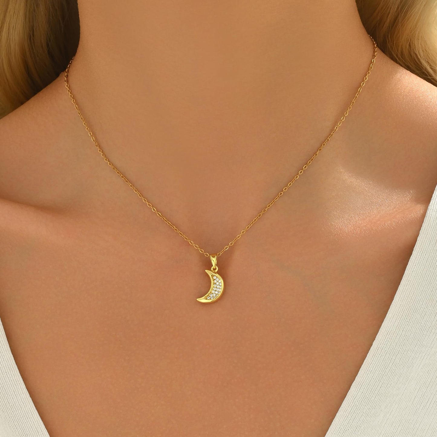 NONAMOIS 18K Gold Plated CZ Diamond Moon Pendant Necklace for Women Stainless Steel Dainty Gold Crescent Moon Choker Necklace Trendy Non Tarnish Jewelry