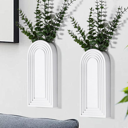 Dnnnii 2 Pack Wooden Wall Vase Set - White Finish Modern Farmhouse & Boho Wall Decor for Entryway, Hallway, Bathroom, Living Room, Dining Room, Narrow Spaces