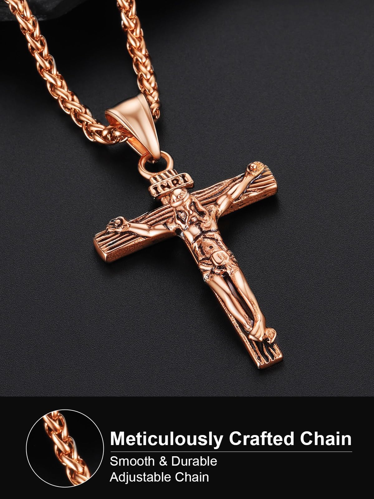 U7 Crucifix Cross Necklace Stainless Steel Crucifix Necklace Cross Pendant for Men with Rope Chain 22"(Rose Gold)