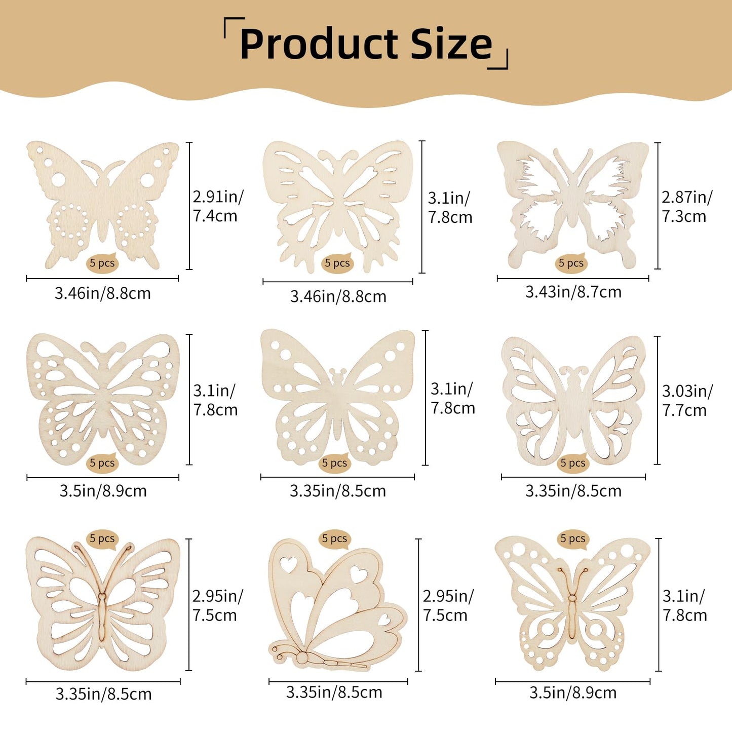 45 Pcs 3.5 Inch Unfinished Wooden Butterfly Shaped Cutouts,9 Styles, 5 Each,DIY Blank Wood Slices for Crafts, Painting,Hollow Butterfly Ornaments, Home Decor