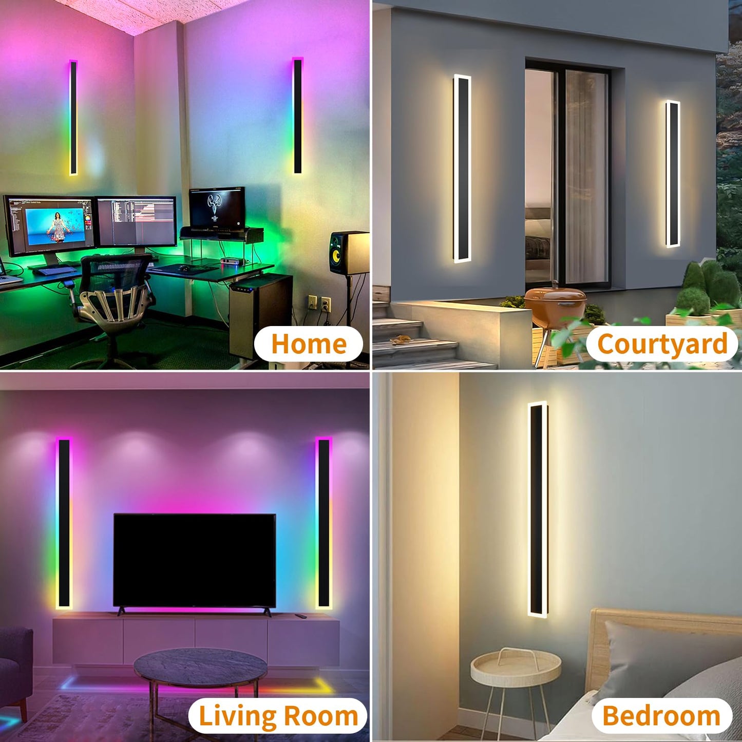 Zihoi 2 Pack Outdoor RGB Long Wall Lights, 23.6inch Wall Lights RGB/Warm/White Dimmable Modern Led Wall Lighting, Ip65 Waterproof Wall Sconce with Remote APP Control for Outdoor/Indoor Party Gathering