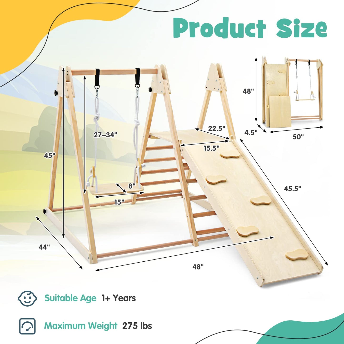 OLAKIDS Indoor Jungle Gym 4 in 1 Foldable Toddler Wooden Montessori Baby Climbing Toys with Swing Slide Ramp Ladder for Kids Playground Climb Activity Play Structure