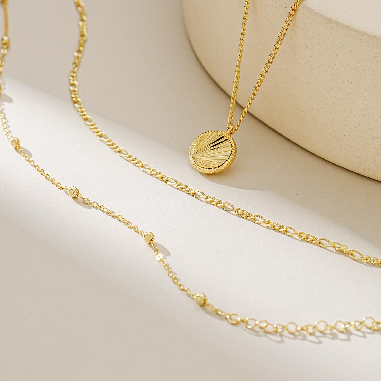 YOIHUR Layered Gold Necklaces for Women, 14K Gold Plated Beading Figaro Necklace Trendy Layering Circle Pendant Necklace Set Jewelry for Women