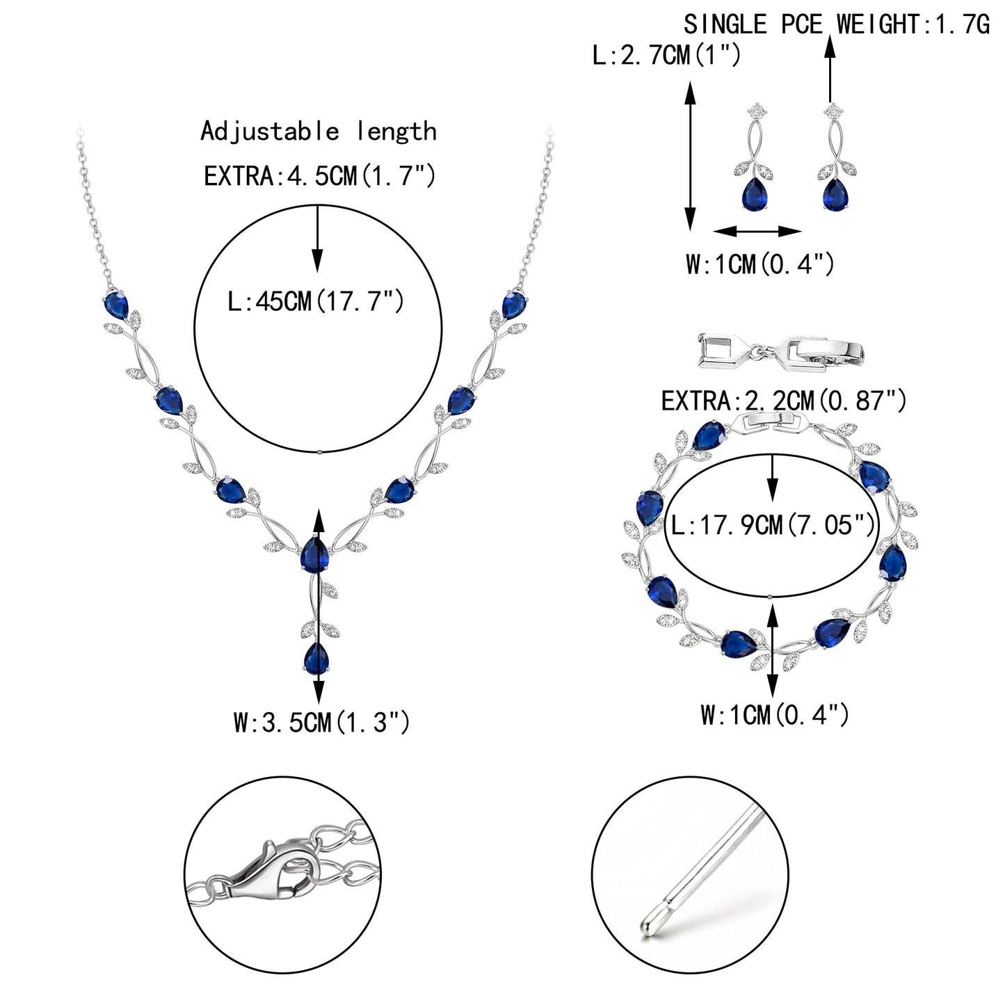 EVER FAITH Wedding Prom Jewelry Set for Bridesmaid, Blue Teardrop Cubic Zirconia Leaf Vine Bridal Party Necklace Dangle Earrings Bracelet Sets for Women
