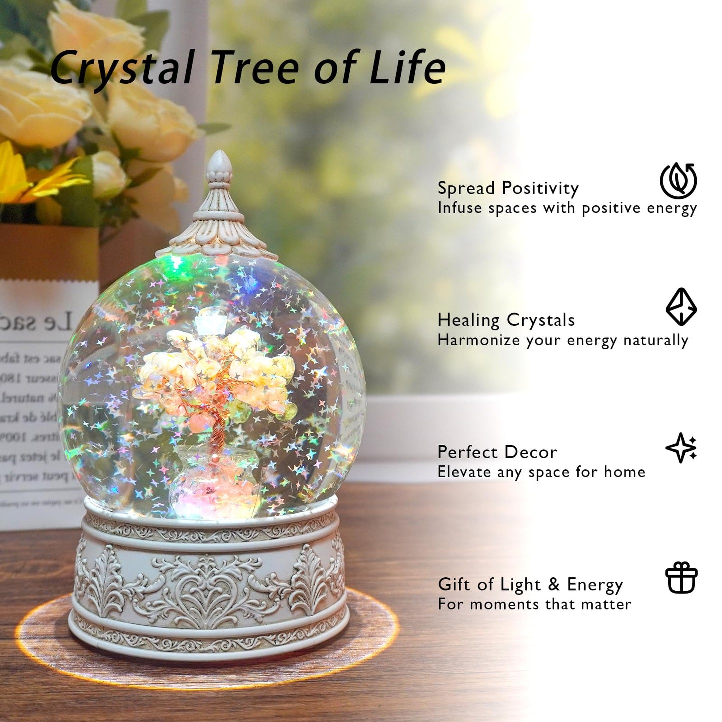 Citrine Jasper Healing Crystal Tree Globe with Colorful Lights and Sparkling Glitter, Natural Gemstone Base, Spiritual Meditation, Positive Energy Good Luck, Home Decor, Birthday Gifts (Citrine)
