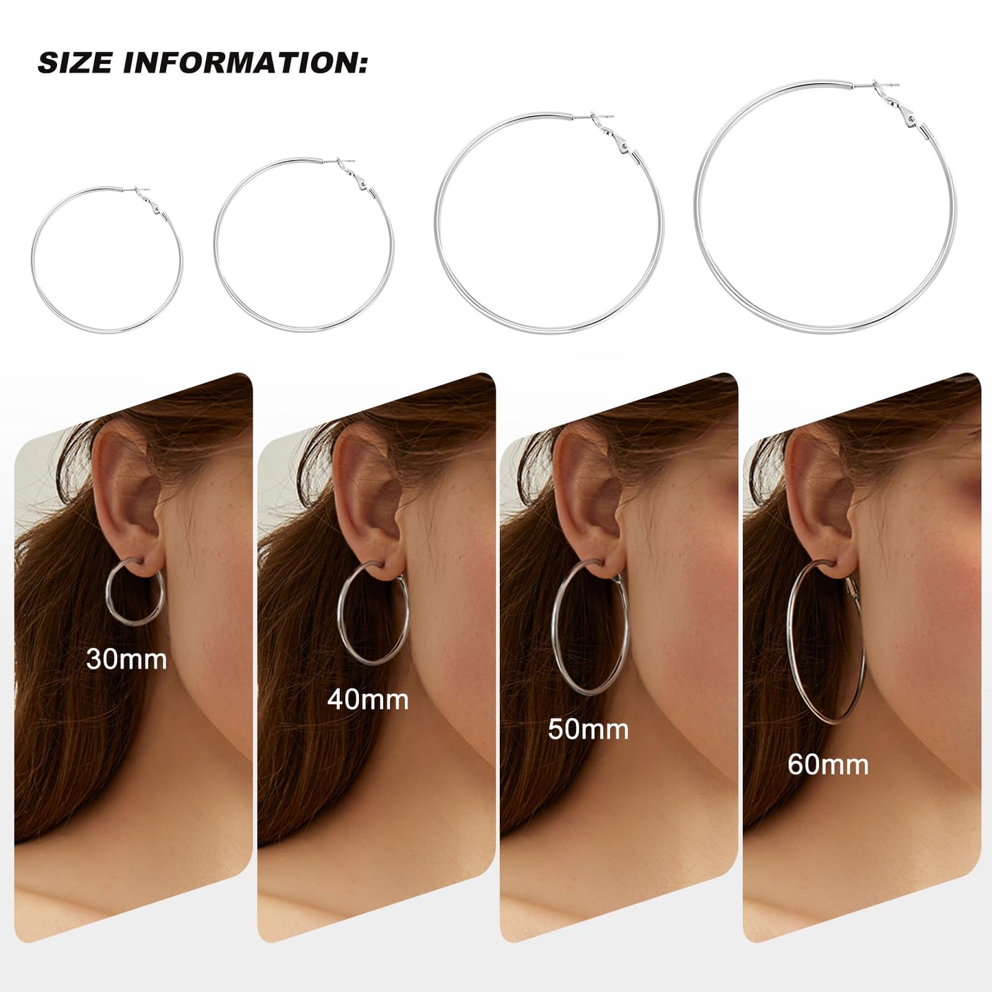 PICKBEAU 4 Pairs Silver Hoop Earrings for Women 14K White Gold Plated Lightweight Big Hoops Earring Set Hypoallergenic Trendy Jewelry Gift