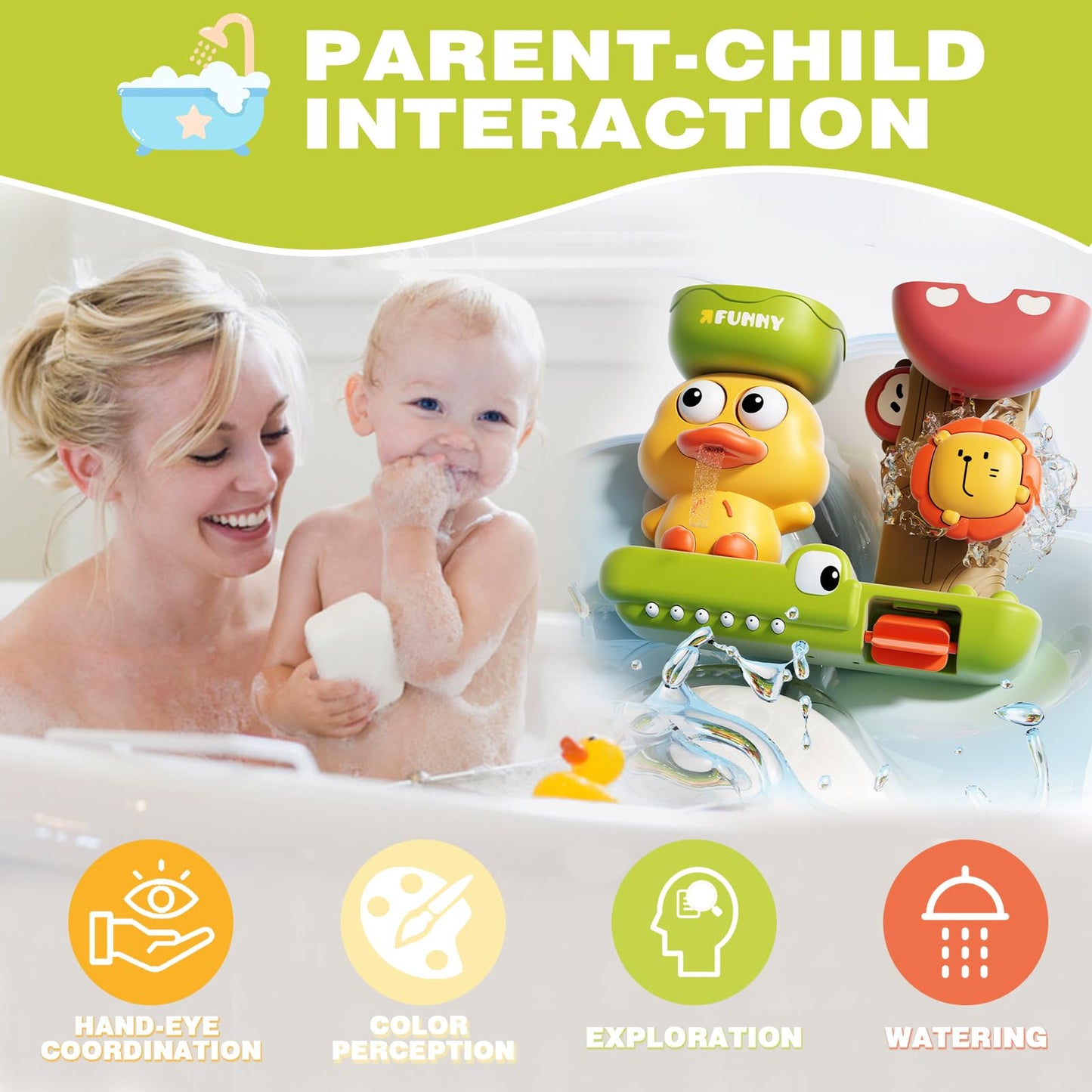 TXTLDB 2-in-1 Bath Toys for Toddlers 1-3, Magic Watering Can with Blooming Flowers & Suction Cup Spinning Duck Toys Set, Interactive Sensory Bathtub Game for Boys Girls 18M+, BPA-Free ABS Plastic