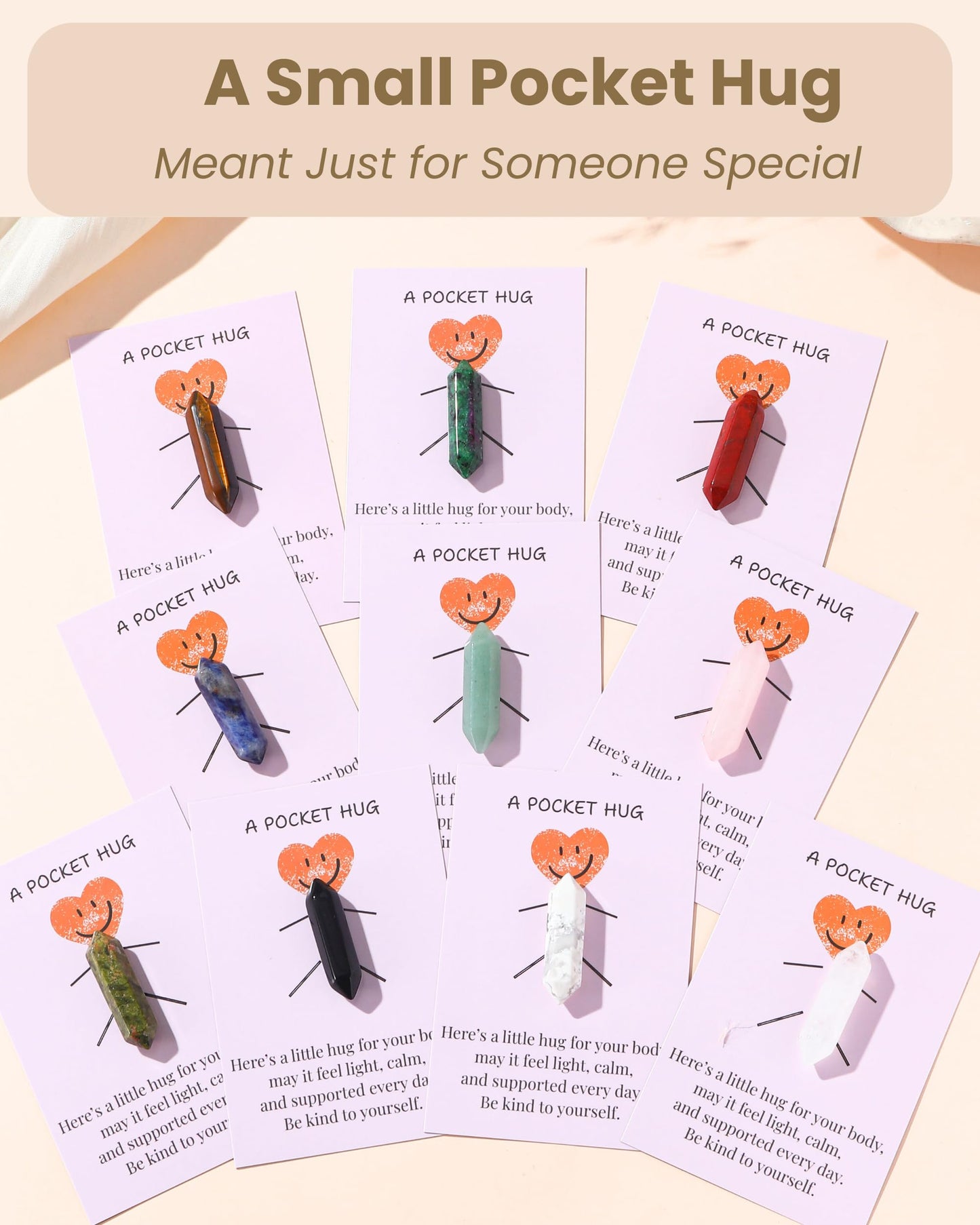 QianCannaor Pocket Hug Cards Bulk Crystal Stone Gift Set - 10Pcs Natural Wand-Shaped, Emotional & Inspirational Support, Encouragement, Bulk Valentines Day Gifts for Adults, Ladies, College Students, Friends - Thinking of You Anxiety Relief Keepsake (Wand