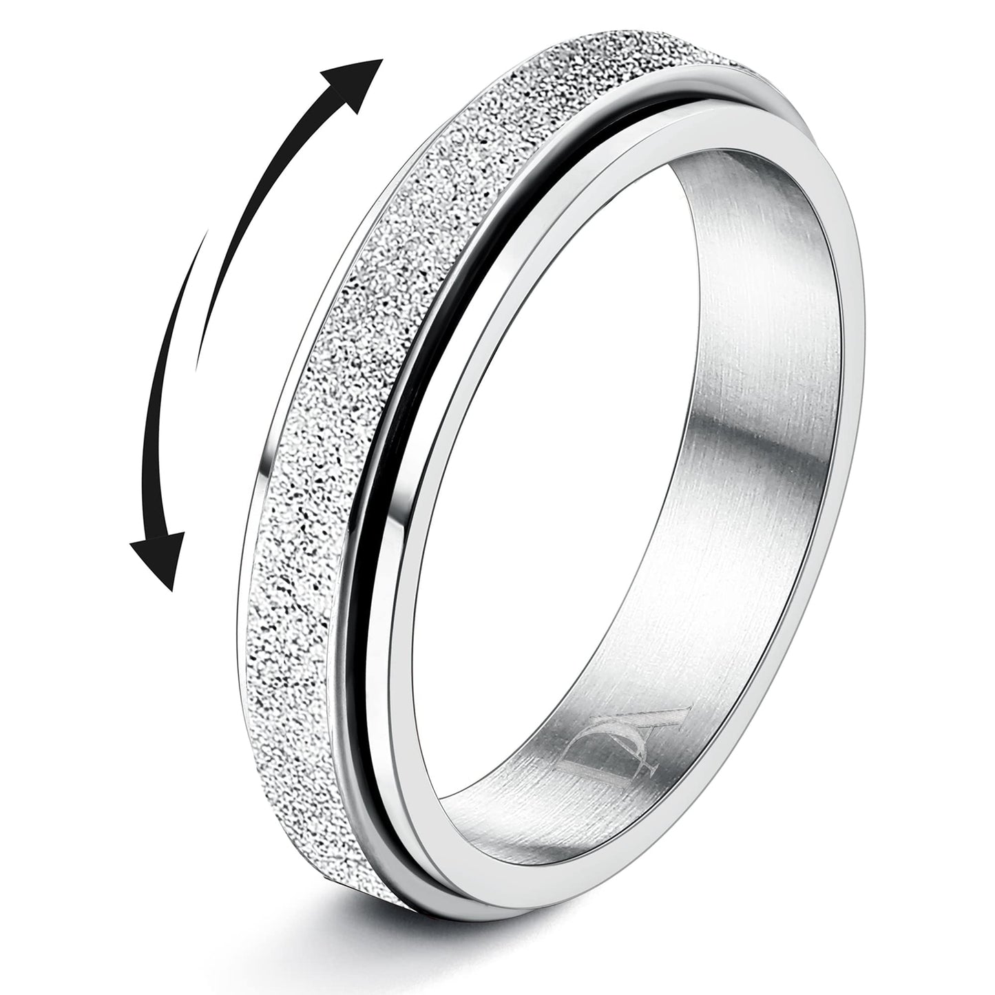Diamday Fidget Rings for Women Men - 4mm Silver Spinner Stainless Steel Ring for Anxiety Stress Relief Glitter Sandblast Spinning Figit Anxiety Jewelry for Wedding Promise Size 8