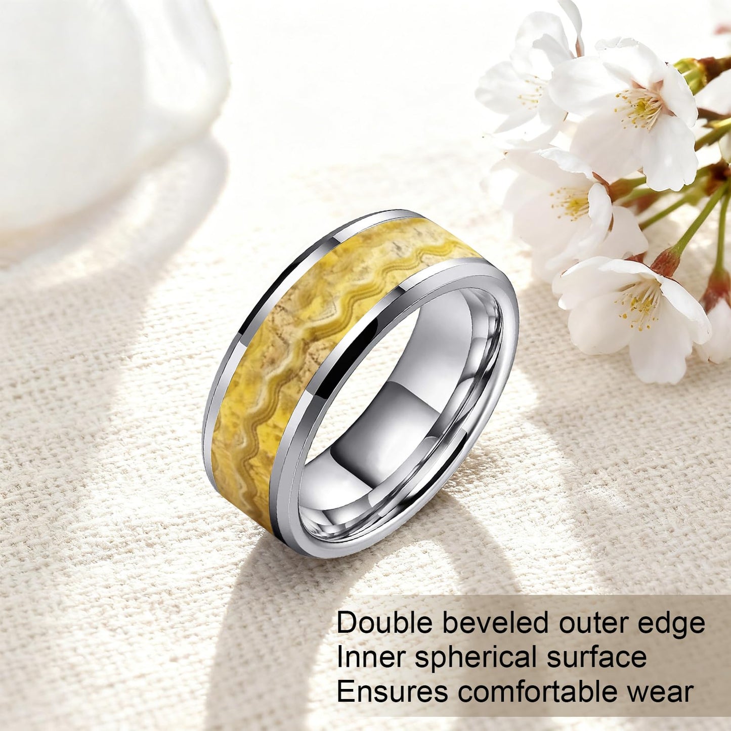 HJIMMNHONG New Carbon Fiber Fashion Rings Double Beveled Edge Delicate Polished Simple Stainless Steel Mens and Women Rings,8mm,Size Available (Flowing-sand Gold, 10)