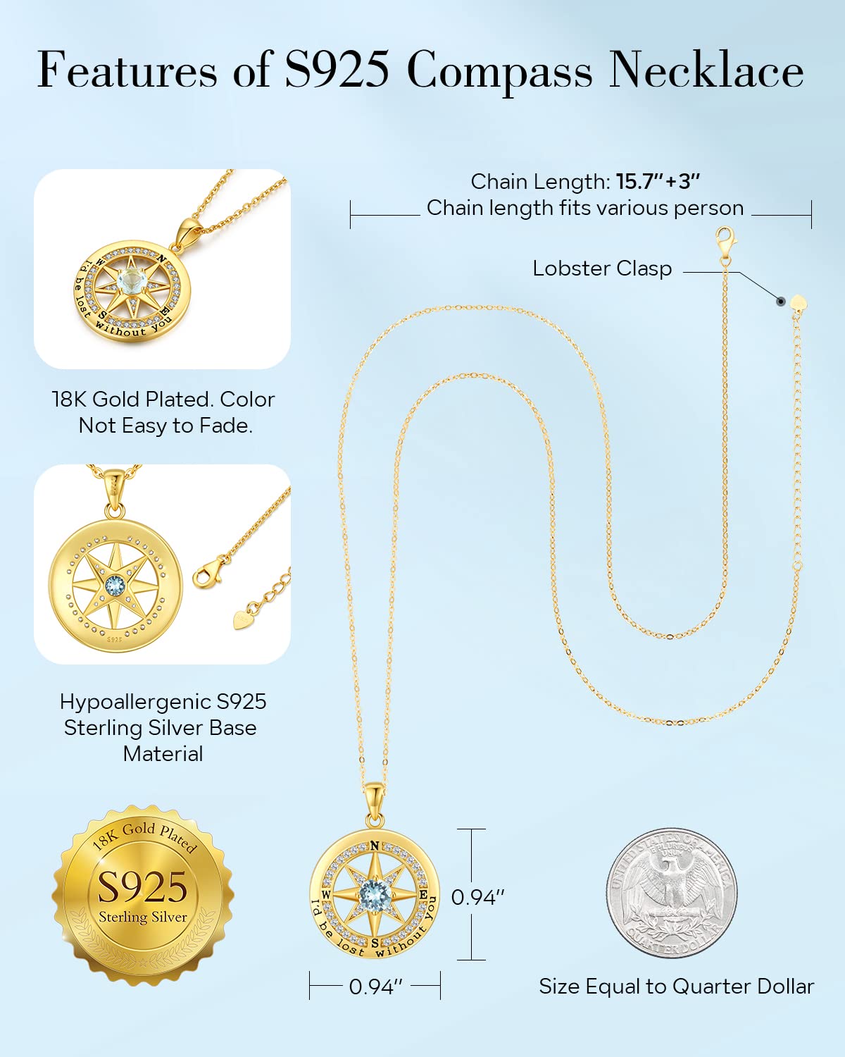S925 Necklace Gift for Wife |Compass Jewelry |Women Anniversary |Sterling Silver |Girlfriend Birthday Necklaces for Her Valentines |I'd be Lost without You |Jewel 18K Gold Mar 03