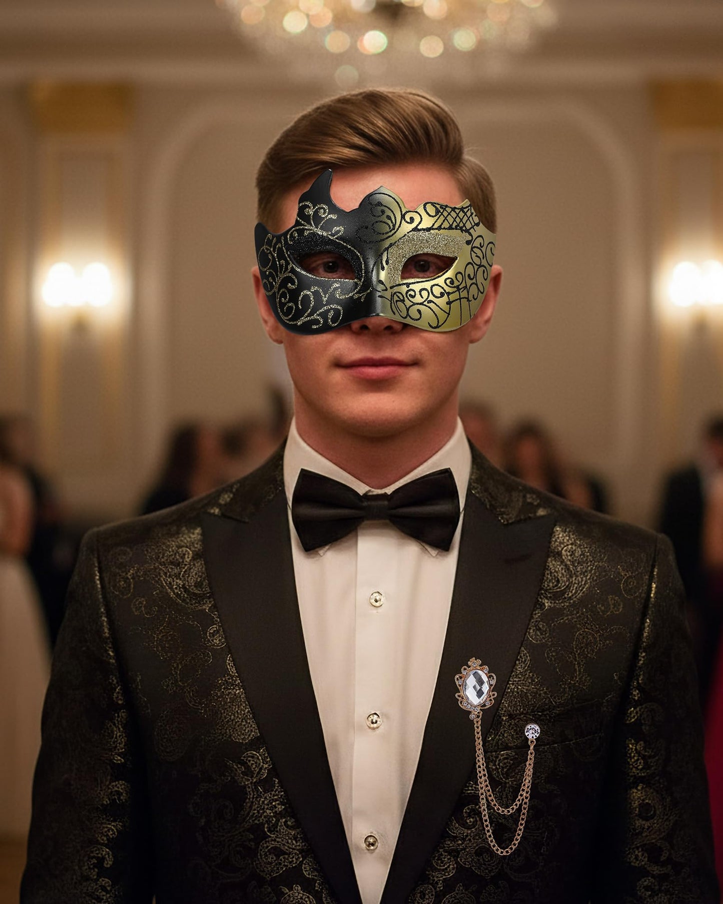 Zinniday 3 Pcs Masquerade Mask for Men, Black Gold Opera Venetian Mask Set with Rhinestone Brooch Bowtie, Opera Half Face Masks Kit for Man Halloween Prom Renaissance Carnival Party Accessory