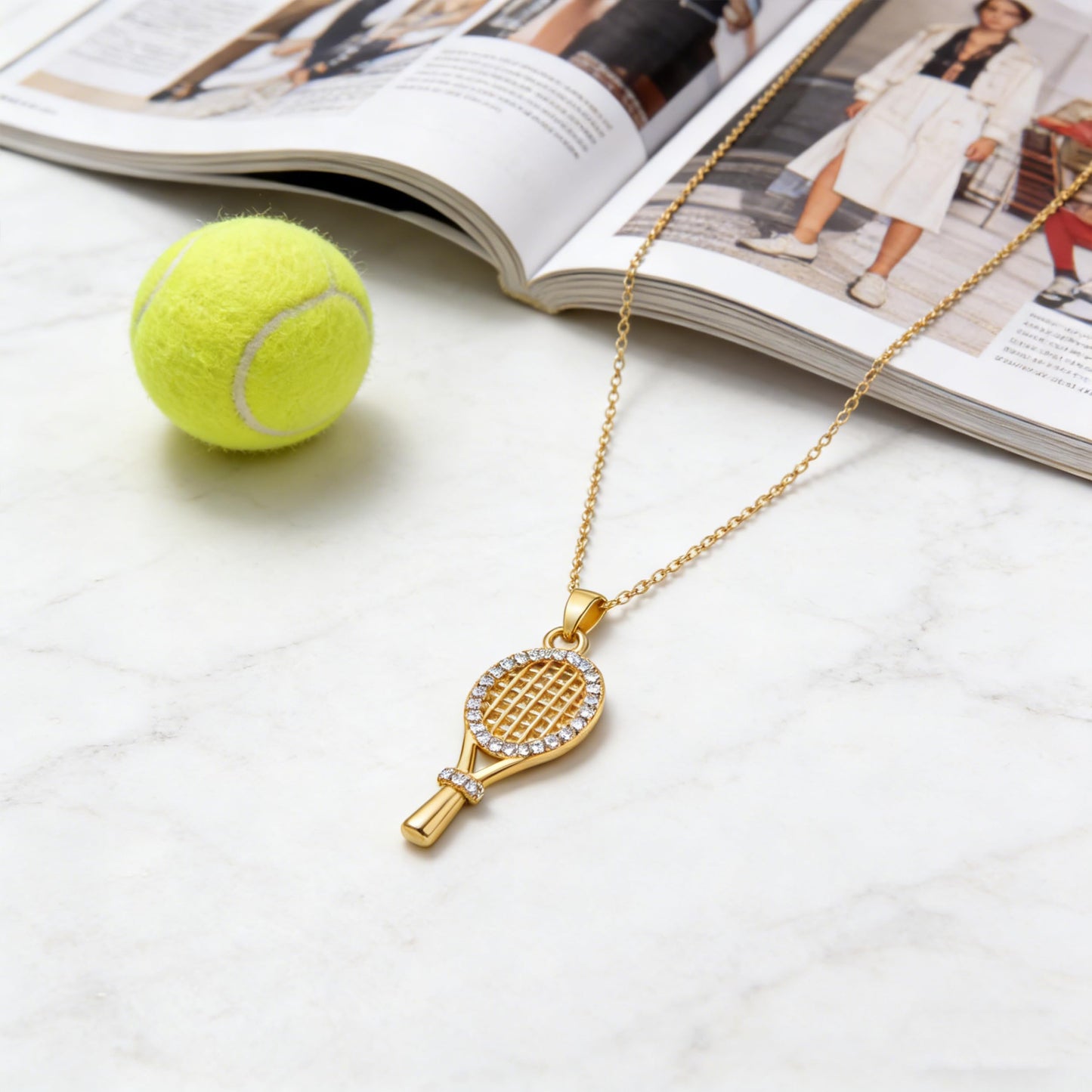 YUJIE 14k Gold Plated Tennis Racket Necklace for Women, Sparkle Cubic Zirconia Tennis Pendant Charm, Dainty Sport Themed Jewelry Gifts for Players & Coach