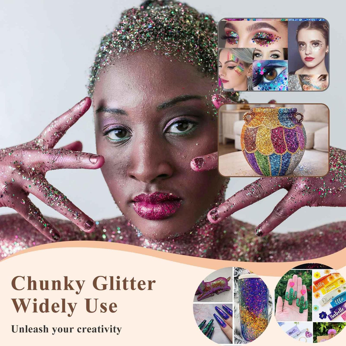 10 Bags Chunky Glitter, Foluvinzzis Holographic Hexagon Crafts Sequins Mix Glitter for Tumbler, Resin, Epoxy, Slime, Holiday Decoration, Nail Arts, Printing, Face, Hair, Makeup