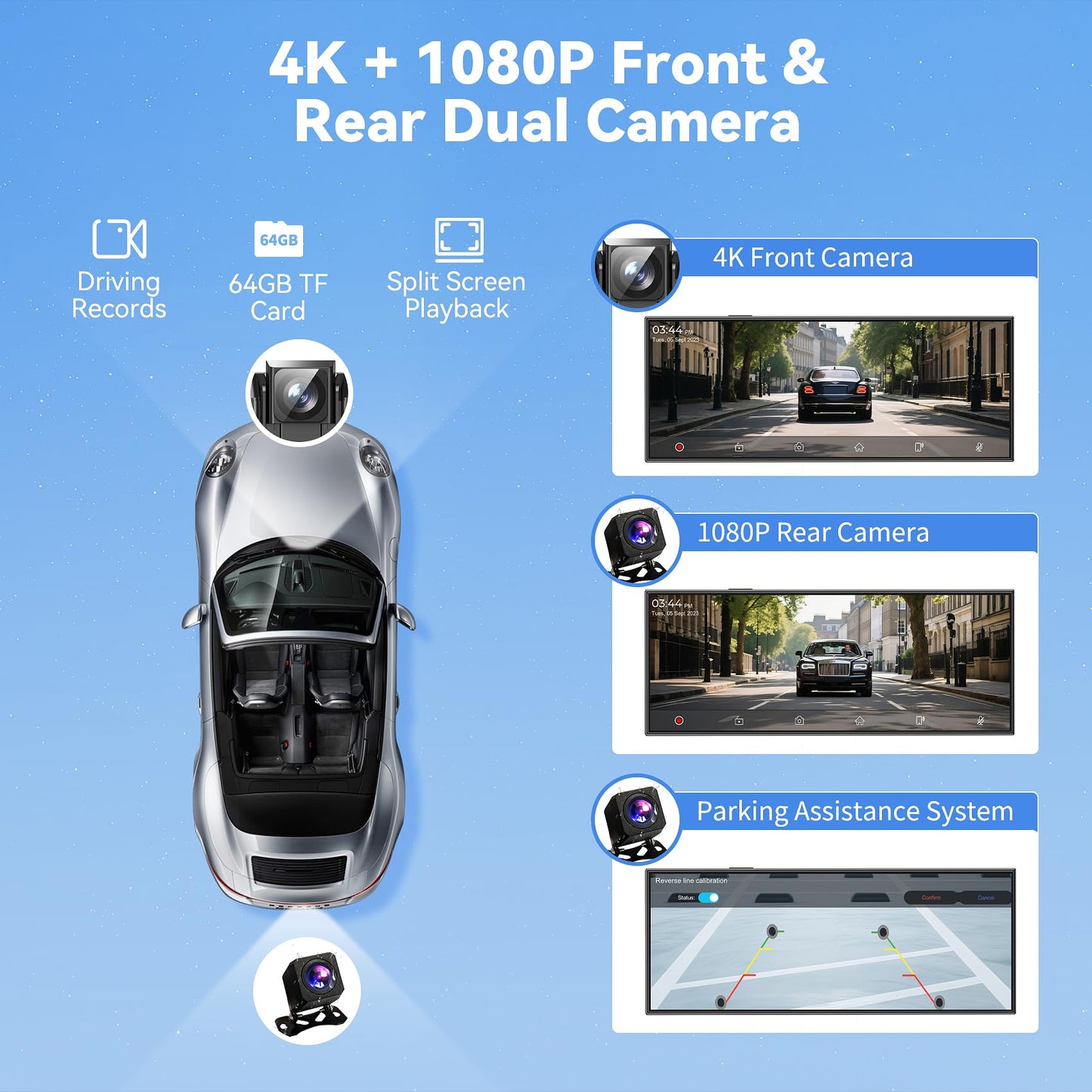 11.5" Extra Large Wireless Apple CarPlay Screen for Car, 4K Portable Car Play Screen & Android Auto HD Touch Screen, Dash Cam Front and Rear, App Control, Mirror Link, Voice Control, GPS, Bluetooth