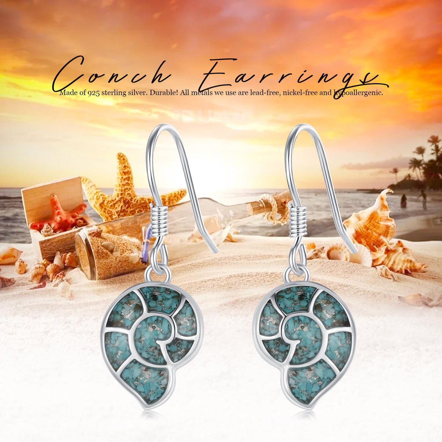 Conch Earrings for Women 925 Sterling Silver Sea Shell Dangle Drop Earrings Turquoise Ocean Earrings Beach Themed Jewelry Ocean Gifts for Friends