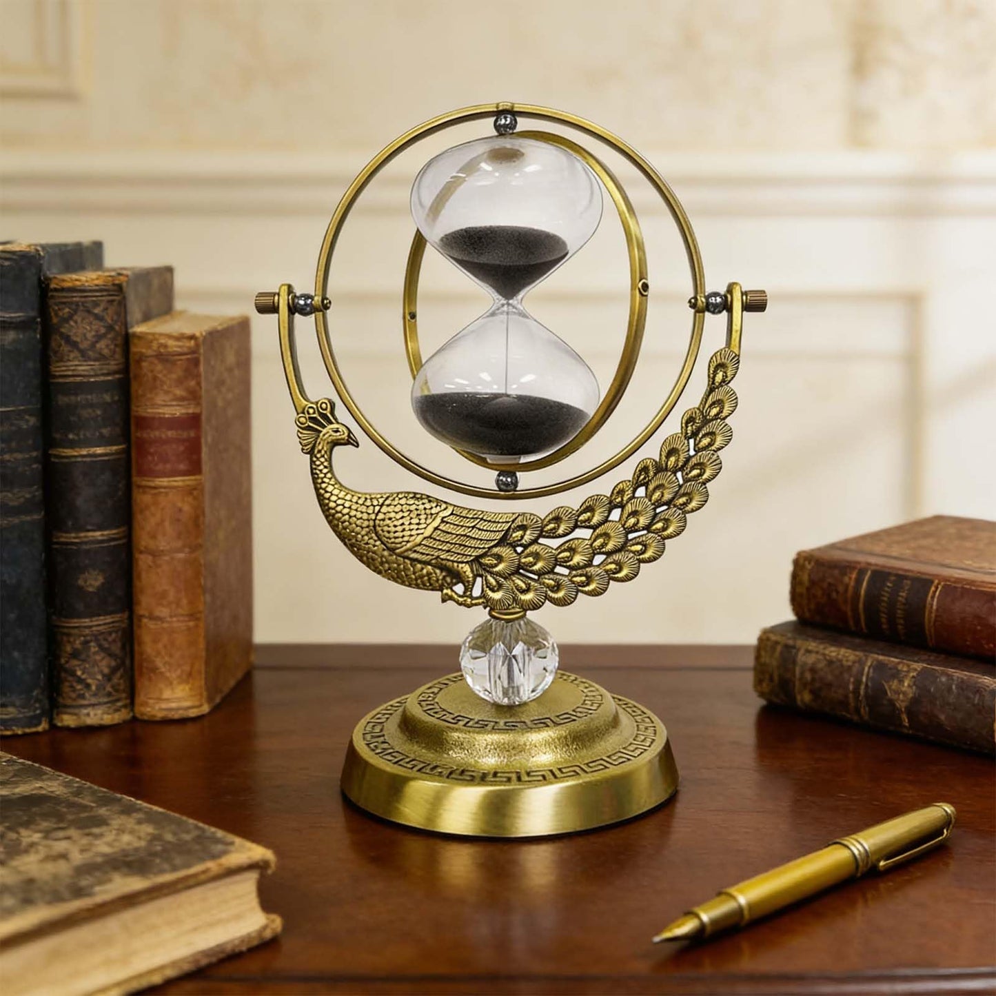 SuLiao Hourglass Sand Timer, 60 Minute Peacock Rotating Hour Glass, 60 Min Unique Black Sand Clock, Large 1 Hour Brass Sandglass, 1 hr Metal Decorative Reloj De Arena, Desk, Office, Home