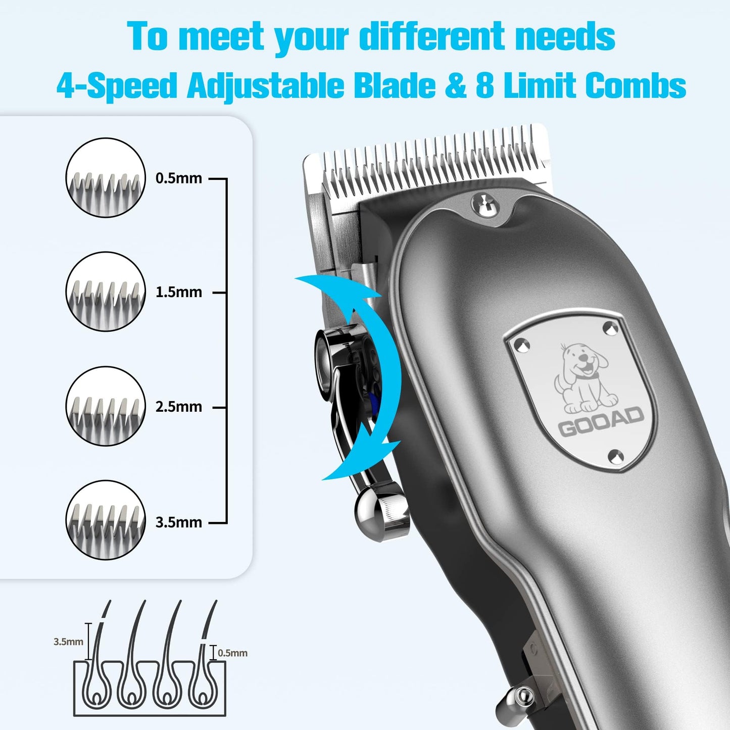 Gooad Dog Clippers for Grooming for Heavy Thick Hair&Coats,Low Noise Dog Hair Trimmer,Rechargeable Cordless Pet Shaver with Stainless Steel Blade, Dog Grooming Kit for Small Large Dogs Pets (Sliver)