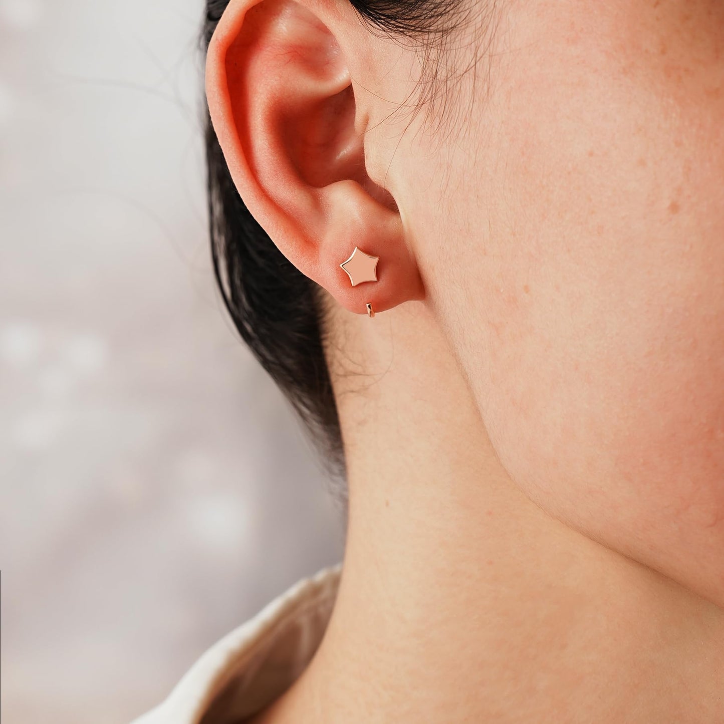 Half Hoop Earrings 18K Rose Gold Plated 925 Sterling Silver Star & Ball Huggie Open Hoop Earrings Little Sleep Huggy Hoop Earrings for Women