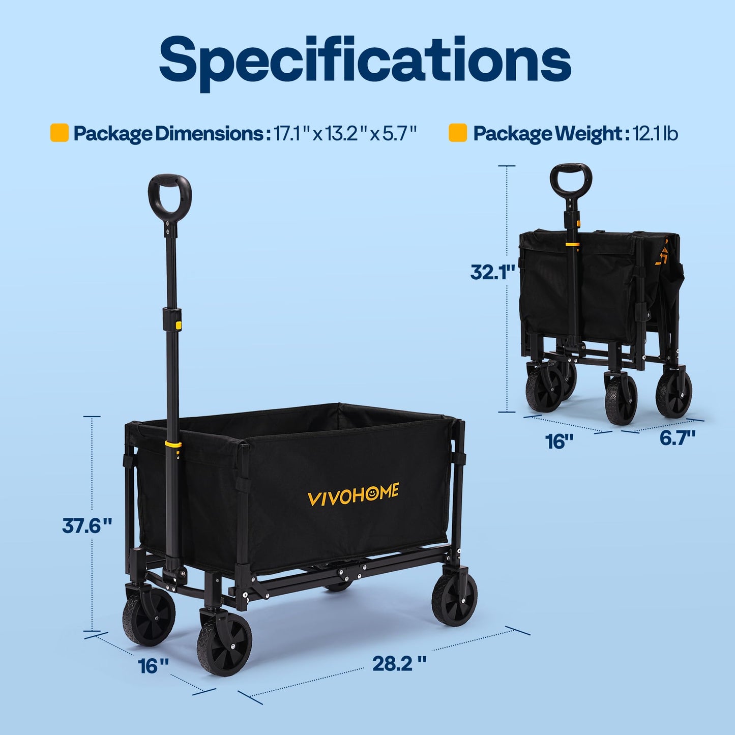 VIVOHOME Collapsible Wagon Cart Lightweight Portable Folding Utility Wagons with All-Terrain Wheels for Grocery Sports Garden Shopping Camping