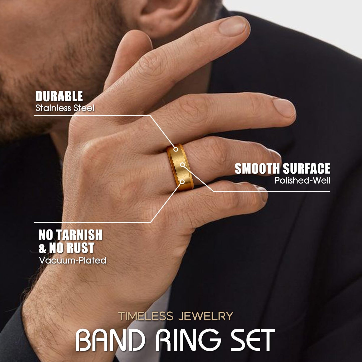 Jstyle Stainless Steel Rings for Men Women 8MM Wedding Band Rings Matte Surface - Beveled Polished Edge Mens Ring Size 7 18K Gold Plated Ring for Men