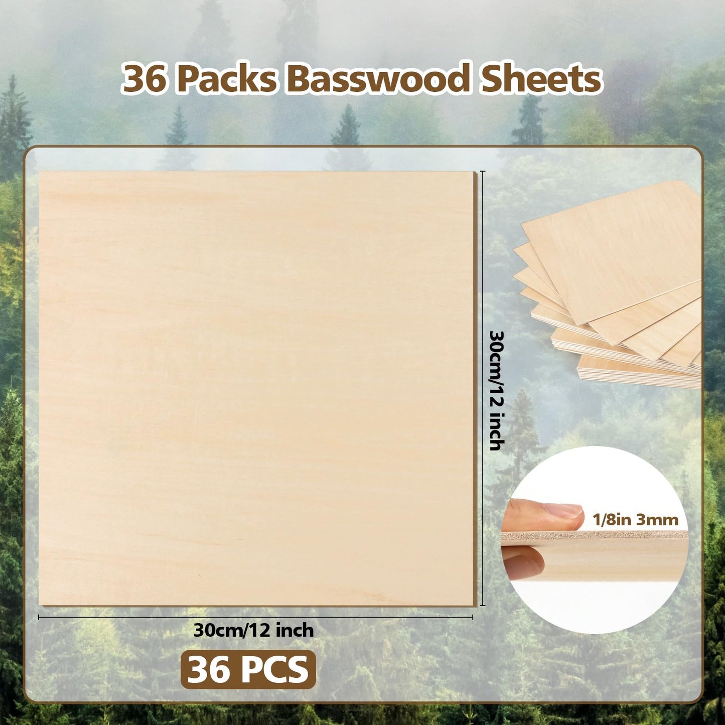Adrattnay 36Pack Basswood Sheets 3mm - 1/8 x 12 x 12 Inch Unfinished Basswood Plywood for Laser Cutting, Engraving, Wood Burning, DIY Crafts, Architectural Models & Painting