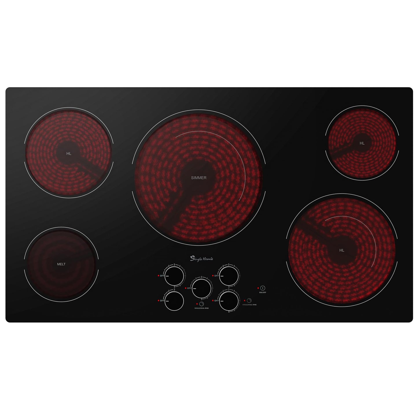 36 Inch Electric Cooktop 5 Burners, Electric Stove Top with Knob Control, Built-in Ceramic Stove, Fast Heat, 9 Heating Level, 9000W with Hard Wire for 220V~240V