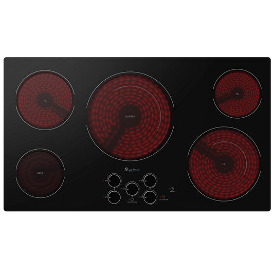 36 Inch Electric Cooktop 5 Burners, Electric Stove Top with Knob Control, Built-in Ceramic Stove, Fast Heat, 9 Heating Level, 9000W with Hard Wire for 220V~240V