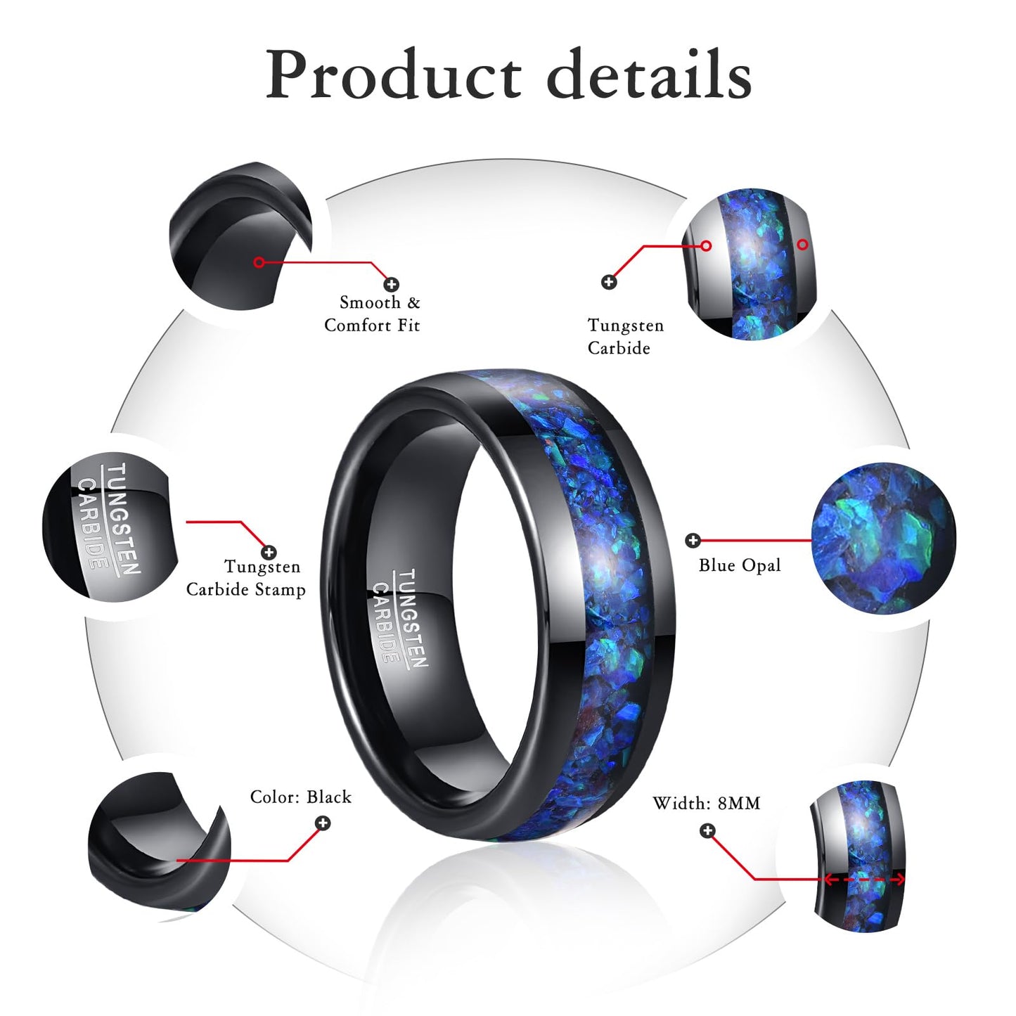 NUNCAD Men's Ring 8mm Tungsten Black with Blue Opal - Comfort Fit, Sizes 12