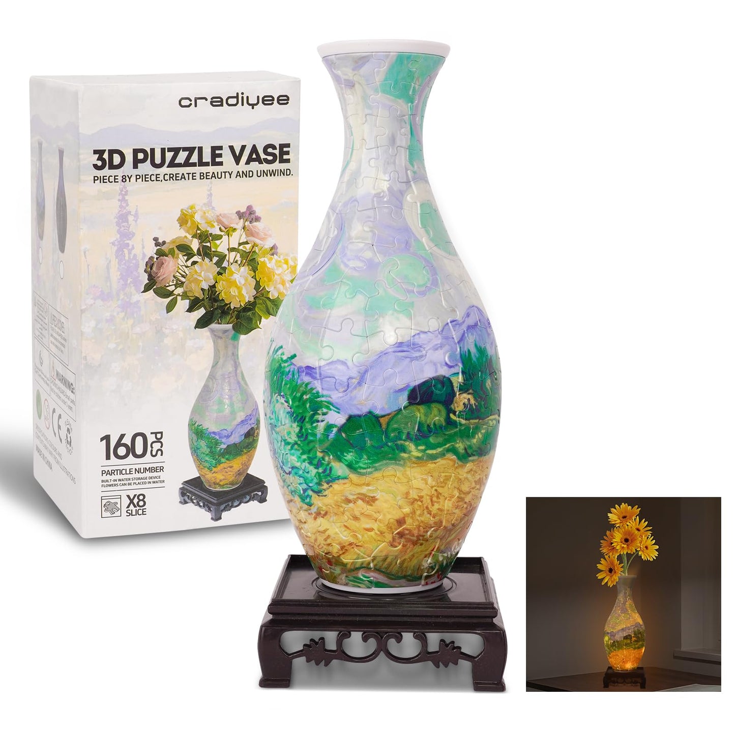 3D Puzzles Vase for Adults with LED Light, 160 Pcs Unique Plastic Flower Vase Puzzle,Crafts for Adults,DIY House Warming Gifts for Flower Arrangements and Home Decor (Wheat Field)