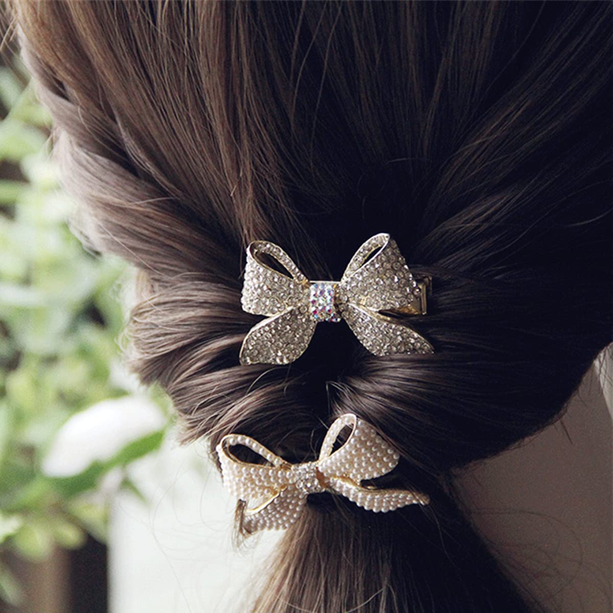 Xiwstar Hair Accessories Set: Pearl Rhinestone Bowknot Hair Ties and Duckbill Hair Clips for Women and Girls