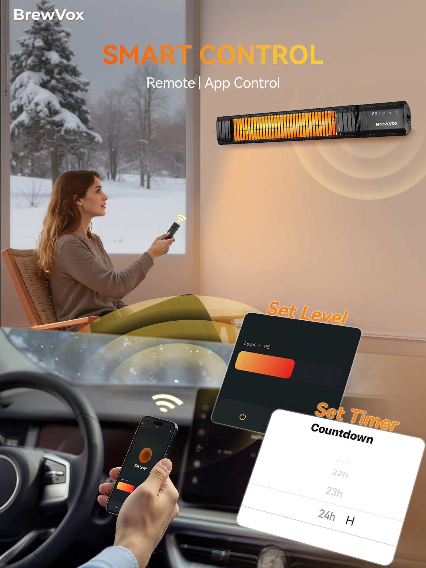 BrewVox Carbon Infrared Electric Outdoor Patio Heater, Smart App-Controlled with Remote On/Off & Timer for Living Room, Bedroom, Garage, Office