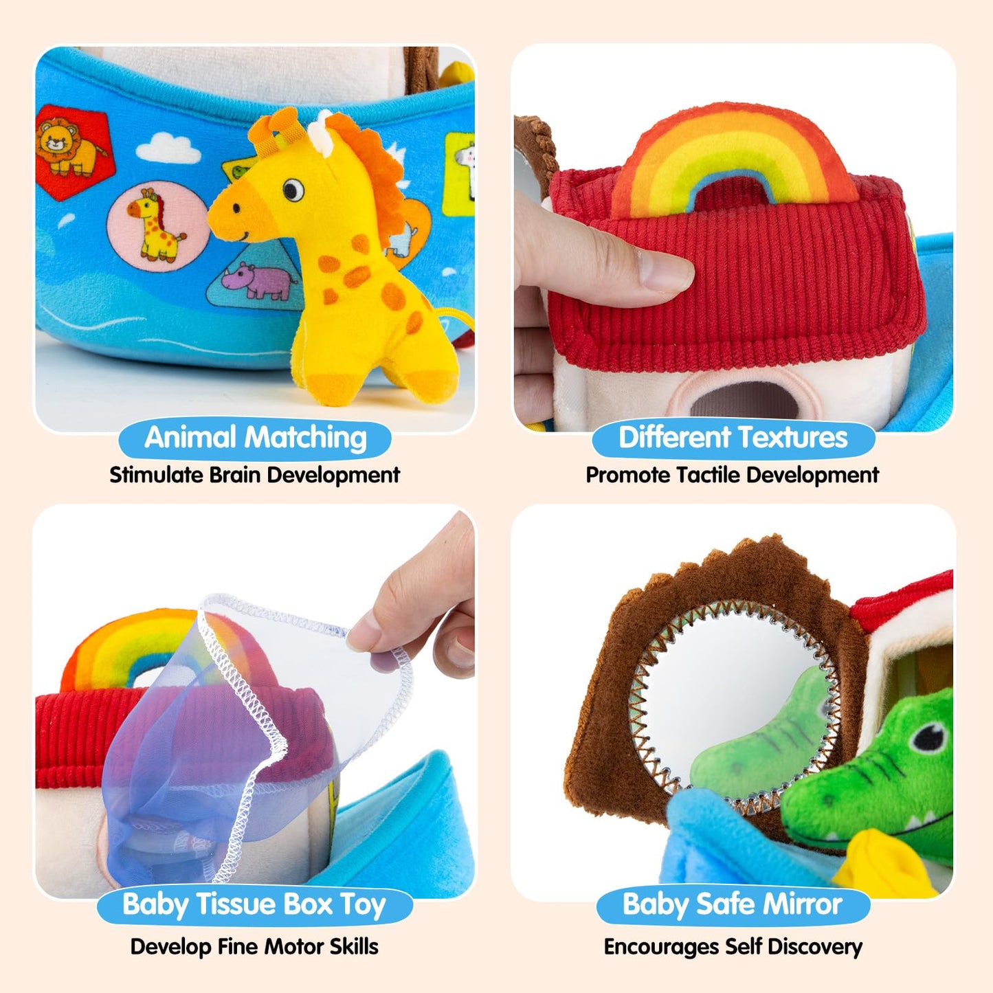 Baby Toys 6-12 Months - Noah's Ark Toy with Stuffed Animals, Baptism Gifts for Boys Girls, Montessori Toys for 6 Month Old Babies Sensory Tissue Box Toy for 1 Year Old