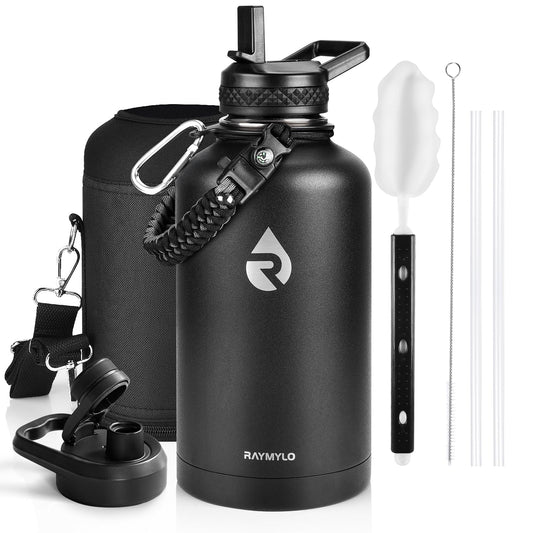 RAYMYLO Insulated Water Bottle 64 oz, Triple Wall Vacuum Stainless Steel (Cold for 48 Hrs), Leak Proof & Non-BPA, Half Gallon Water Flask Jug with Paracord Handle & Straw Spout Lids, Magic Black
