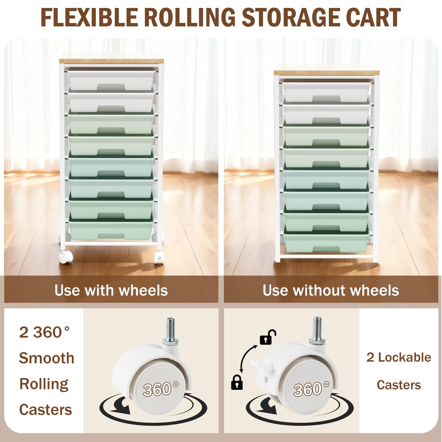 Rolling Cart with 8 Drawers, Storage Drawers Cart with Wooden Tabletop and Lockable Wheels, Craft Storage for Living Room, Office, Classroom, Craft Room, Bedroom