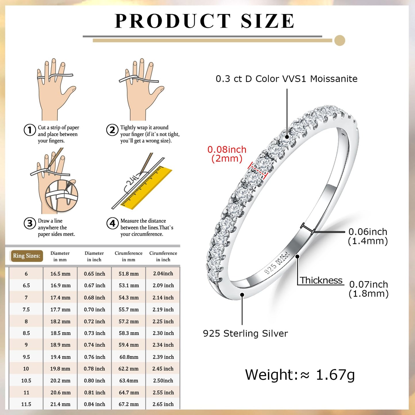 AGRULE 14K White Gold Plated Sterling Silver 1.4mm Moissanite Wedding Band Bezel Set Anniversary Rings for Men Women, Size 6