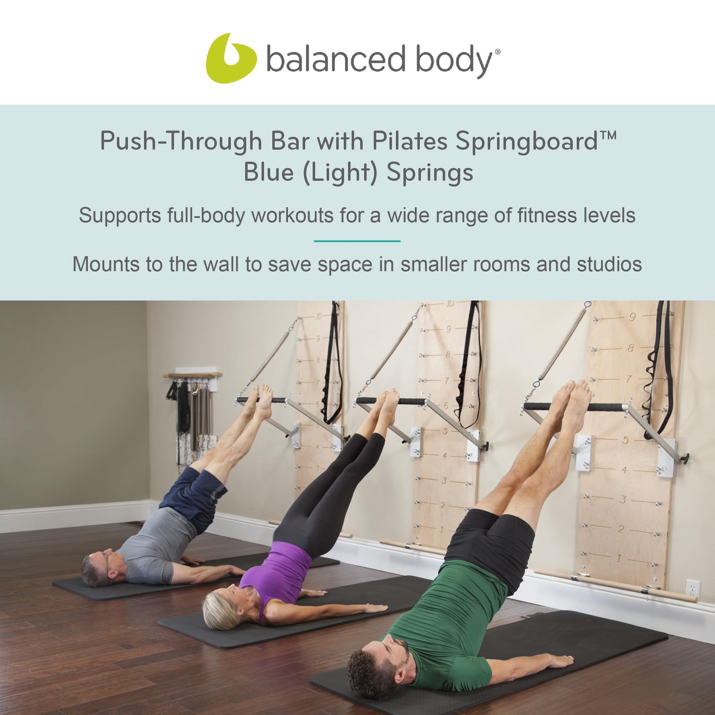 Balanced Body Pilates Springboard and Push-Through Bar, Wall-Mounted Pilates Workout Equipment for Home Gym or Studio Use, Pilates Exercise Equipment with Light Resistance Springs