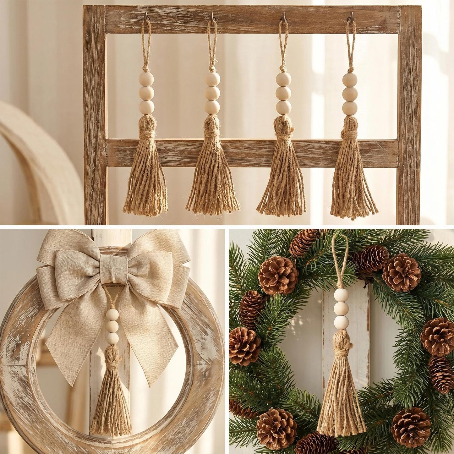 40 Pack Jute Tassels with Wood Beads, Tassels for Crafts, Natural Jute Rope and Wood Bead for Crafts, Bookmark Tassels,Tassels for Decoration DIY Craft Garland, Home Wedding Party Boho Decor