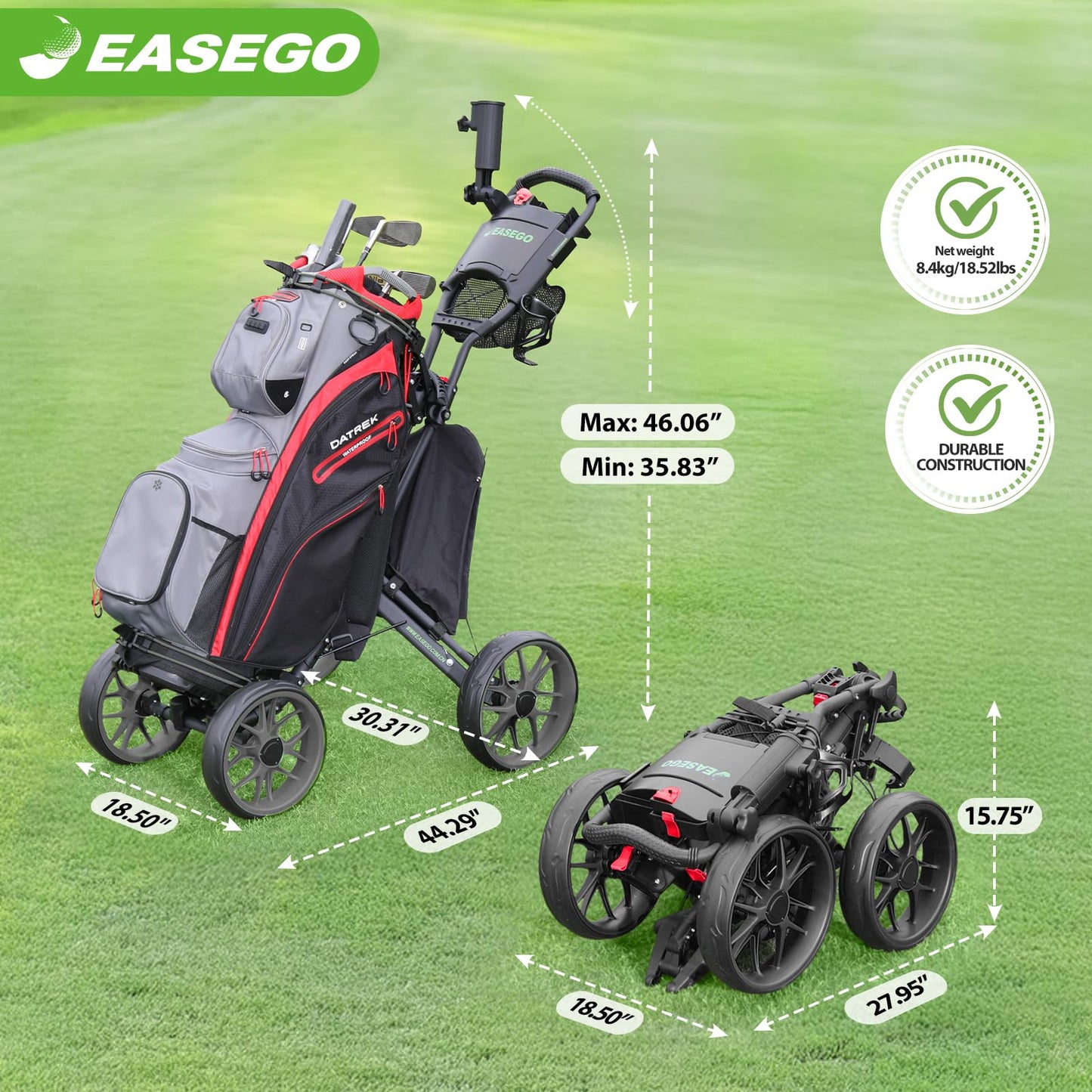 EASEGO Golf Push Cart 4 Wheel : Golf Walking Carts with Phone Holder/Cup Holder/Umbrella Holder/Foot Brake/Cooler Basket 4 Wheel Superlite Golf Pull Cart All-Terrain Golf Caddy Carts(Black)