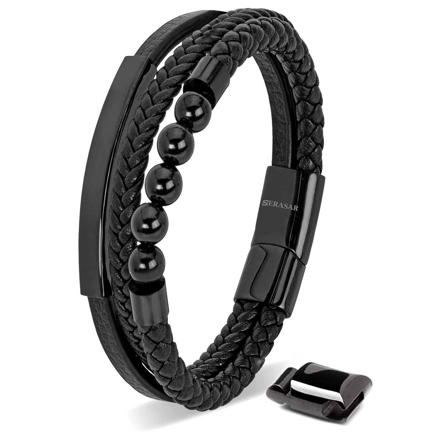 SERASAR Pulsera de cuero negro para hombre 23cm negra Hombres Caja regalo genuino Trenzado Multicapa Abrigo Pulseras masculinas Joyas magnéticas