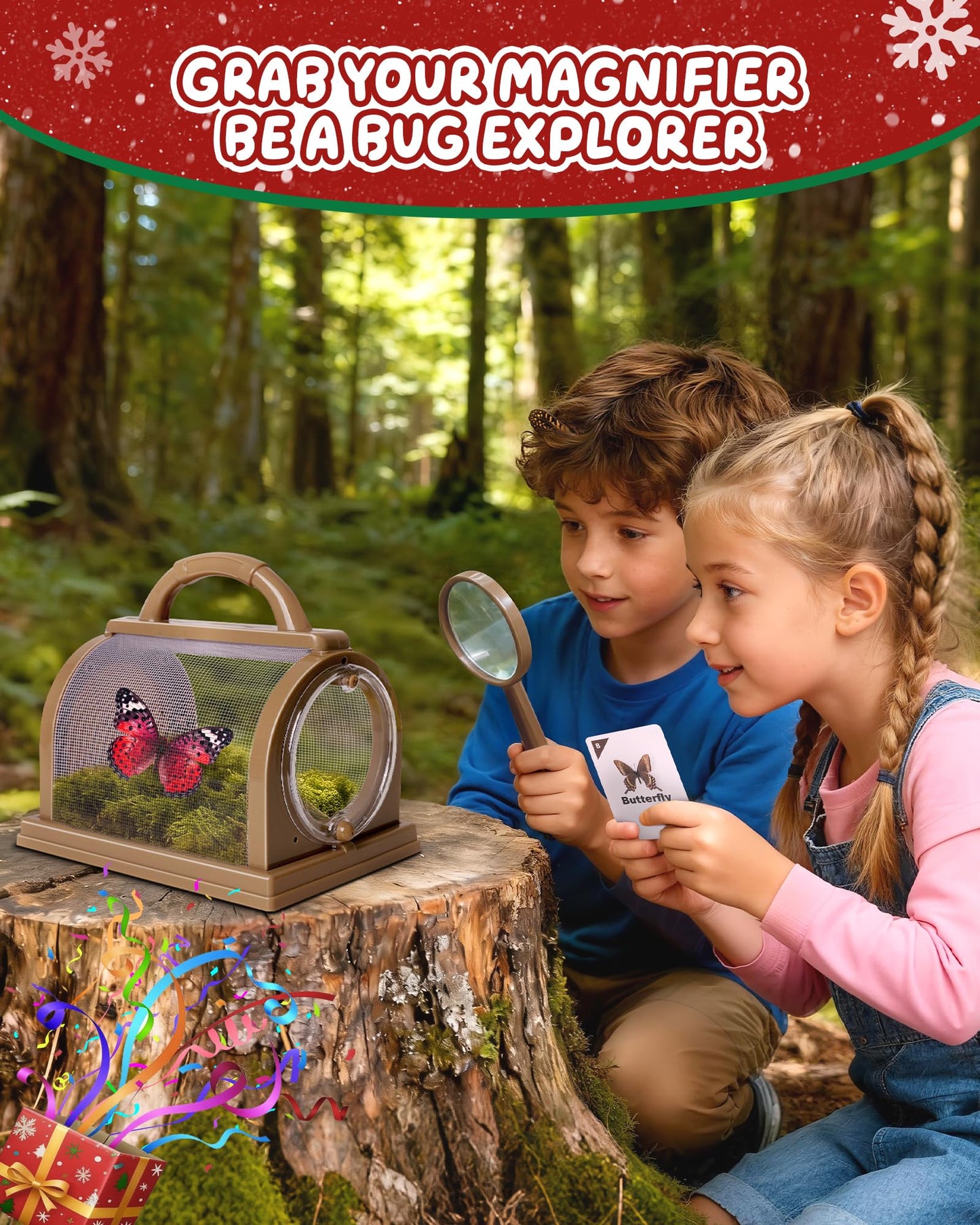 CUUCUVA Bug Catcher Kit for Kids Outdoor Explorer Kit with Insect Cage, Observation Box, Magnifying Glass, 8 Toy Bugs, Net & 10 Cards, STEM Educational Toys Gifting for Boys & Girls Ages 3+