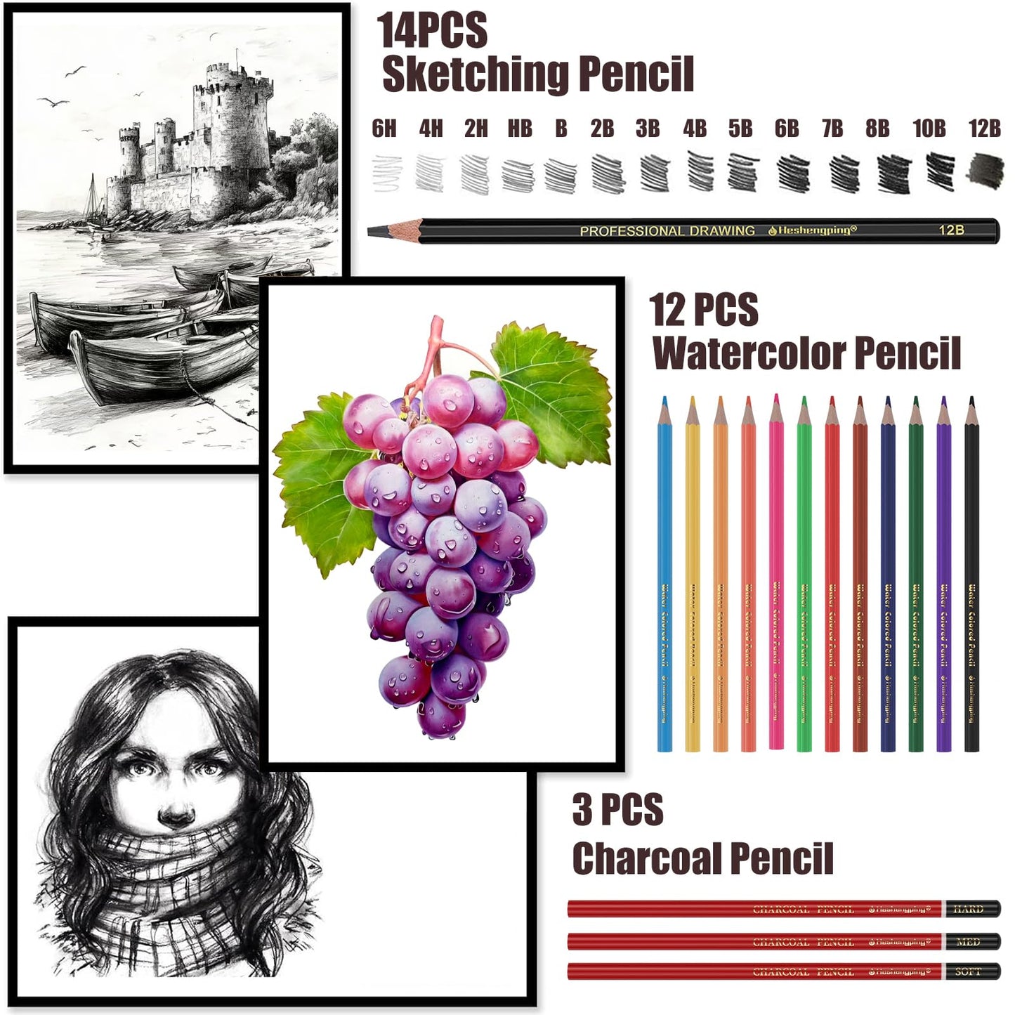 Heshengping, Sketching Pencil Set Drawing Pen Charcoal Sketch Kit Cover Graphite Charcoal Watercolor Pencils Paper Erasable Pen Beginners Artist Children and Adults(39pcs Art Supplies)
