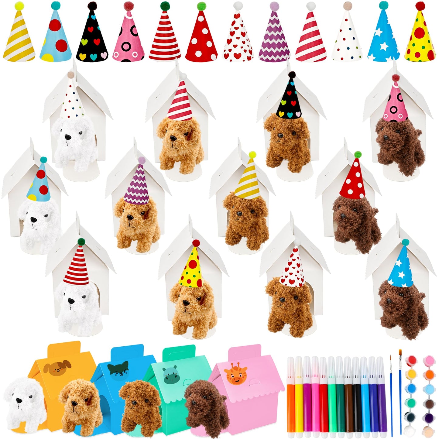 Norcoin 16 Set Mini Plush Dog Set Include Stuffed Puppy Dog House Paper Boxes Hat Stuffed Animal Toy for Adopt a Pet Theme Birthday Party Favor Gifts